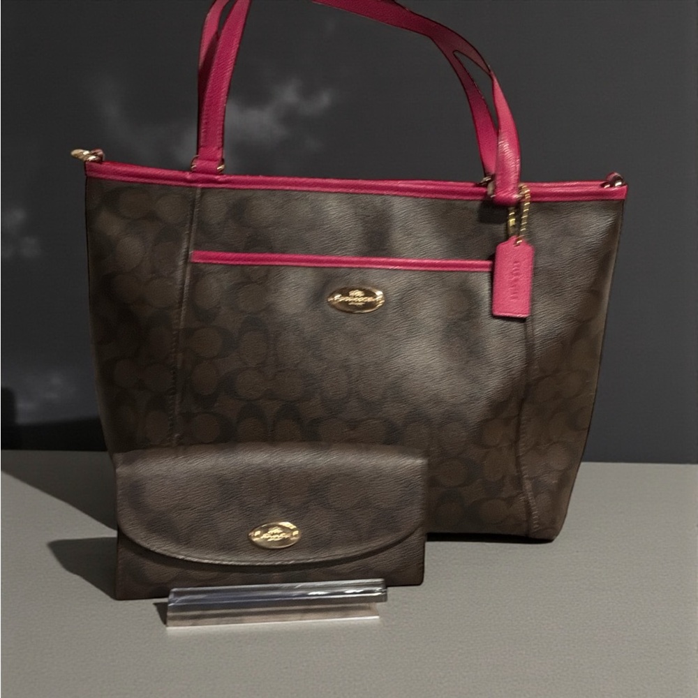 Coach Signature Brown Tote with Pink Accents